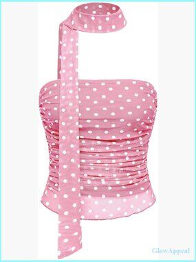 Y2K Polka Dot Mesh Crop Tube Top Strapless Ruched Bandeau Tank